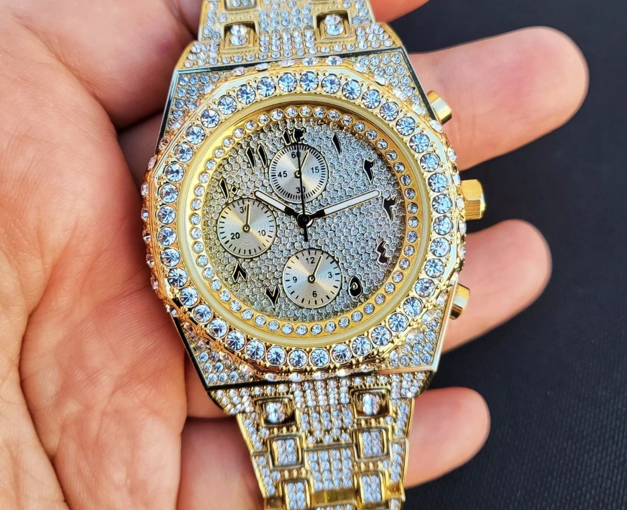 Men Gold Plated Stainless Steel Arabic Simulated Diamond Full Iced Band Watch F