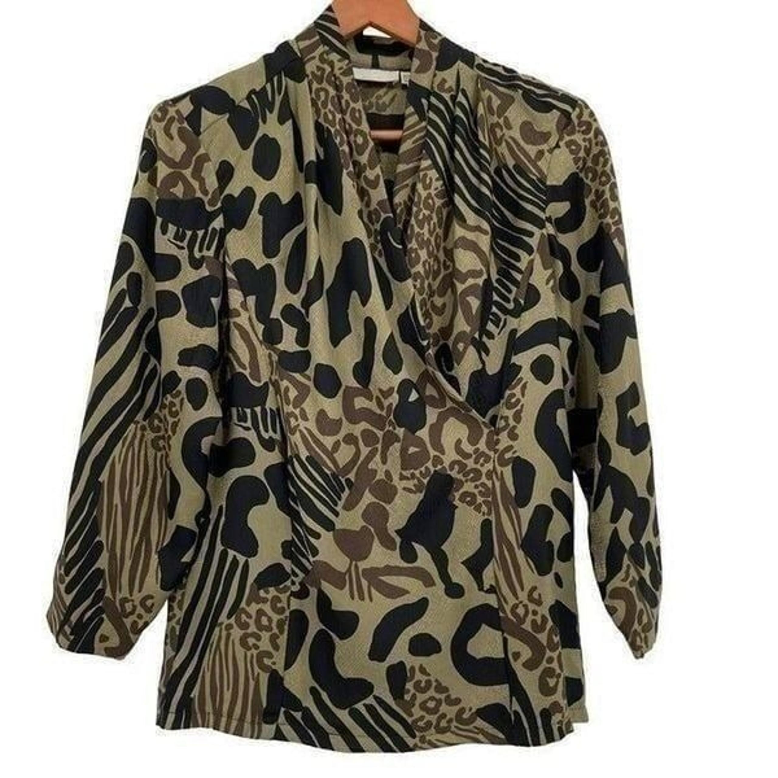 Levante Vintage 100% Silk Faux Wrap Long Sleeve Pullover Blouse Green Black 4
