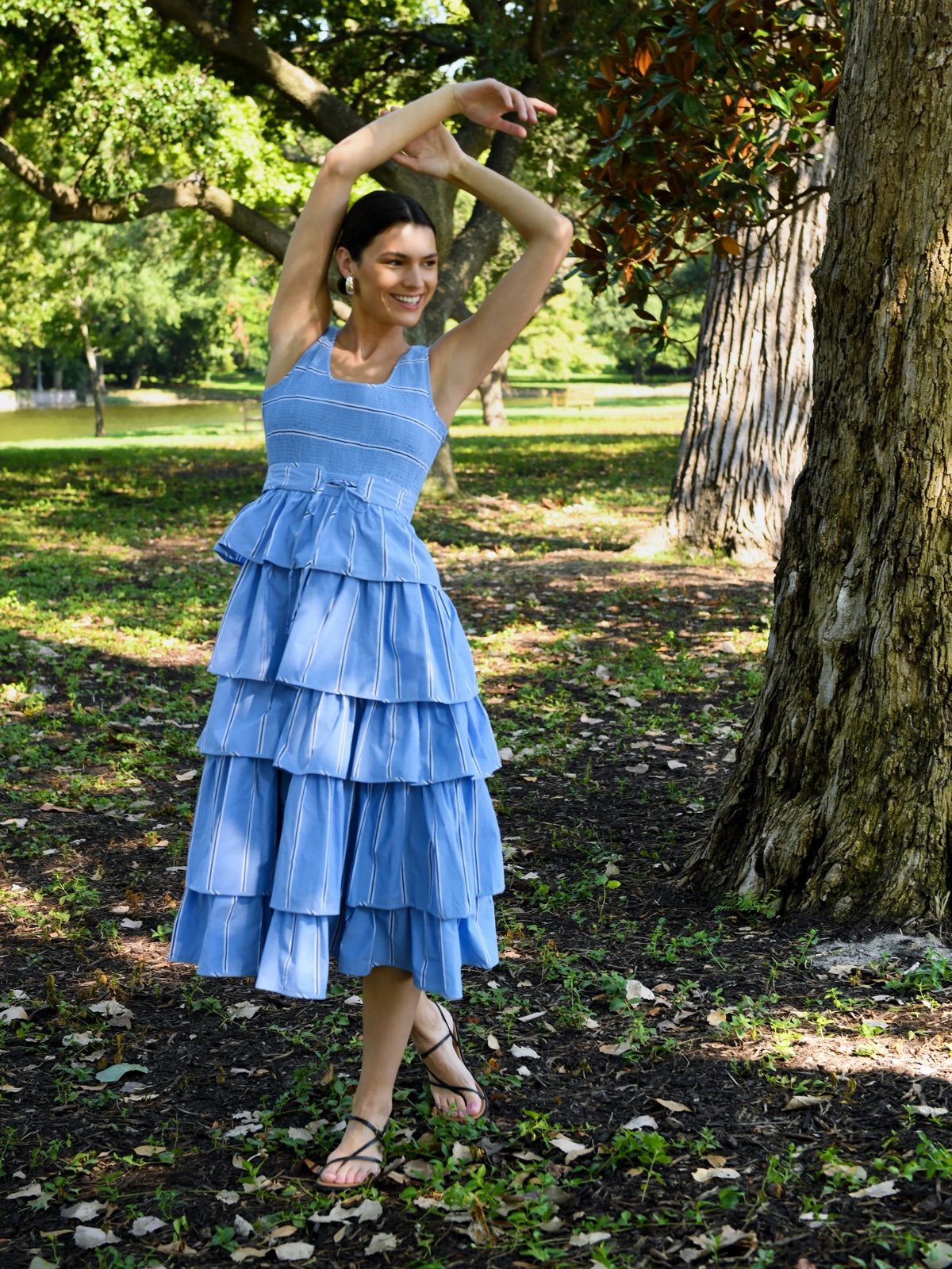 Hunter Bell Andrea Blue Pinstriped Tiered Dress (Size 10) - NWT