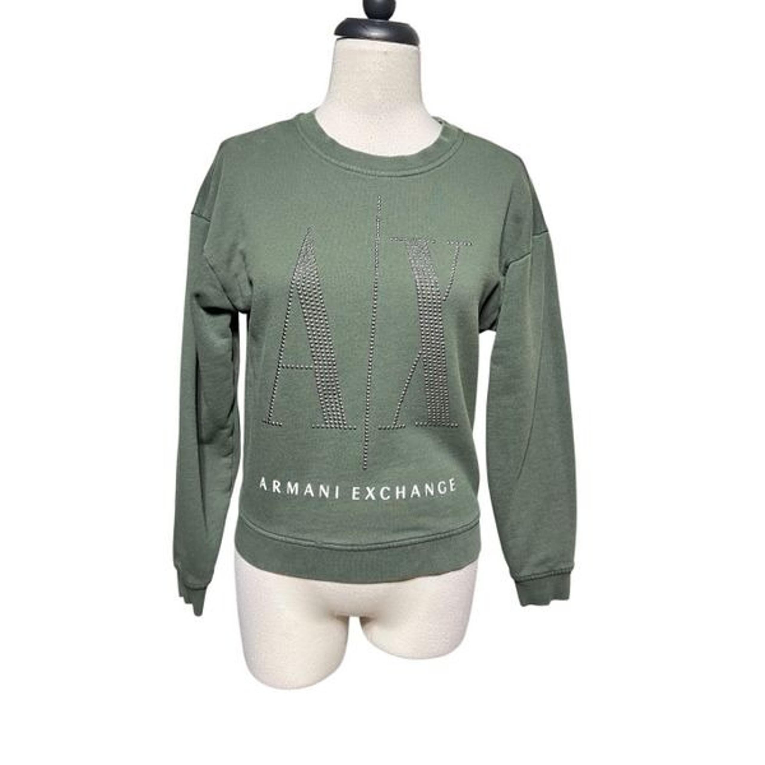 Armani Exchange Icon Period A/X Long Sleeve Green Embellished Pullover Sweatshir