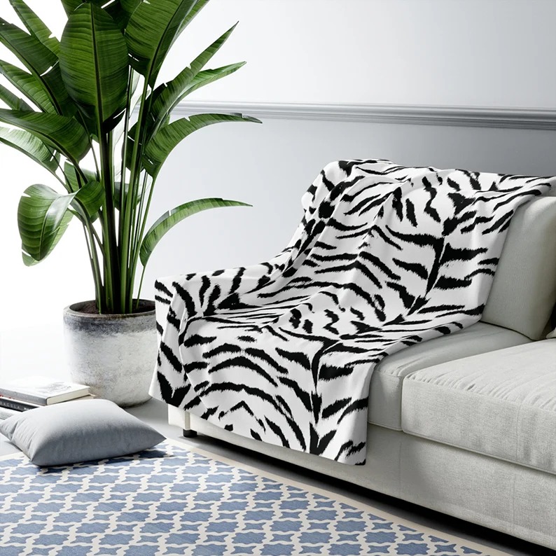 White Tiger Sofa Blanket, Animal Print Blanket, Tiger Print Couch Throw