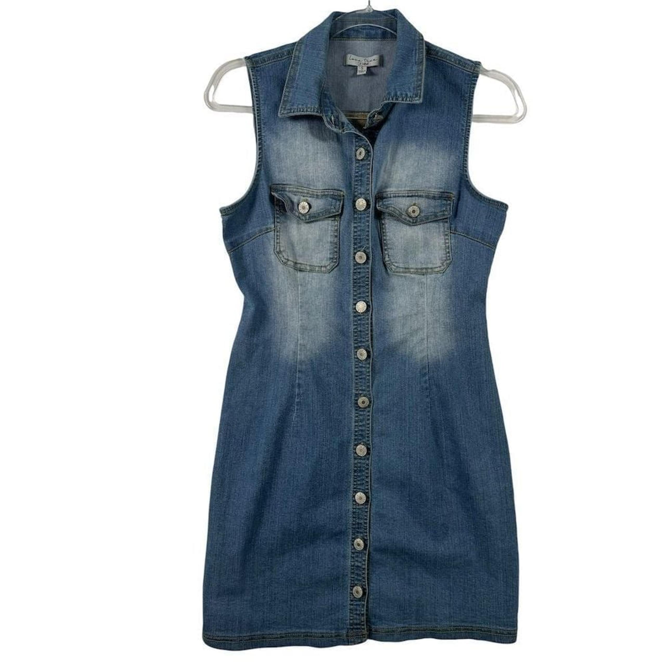 Love Tree Womens S Blue Denim Sleeveless Button Down Shirt Dress Bodycon Sexy