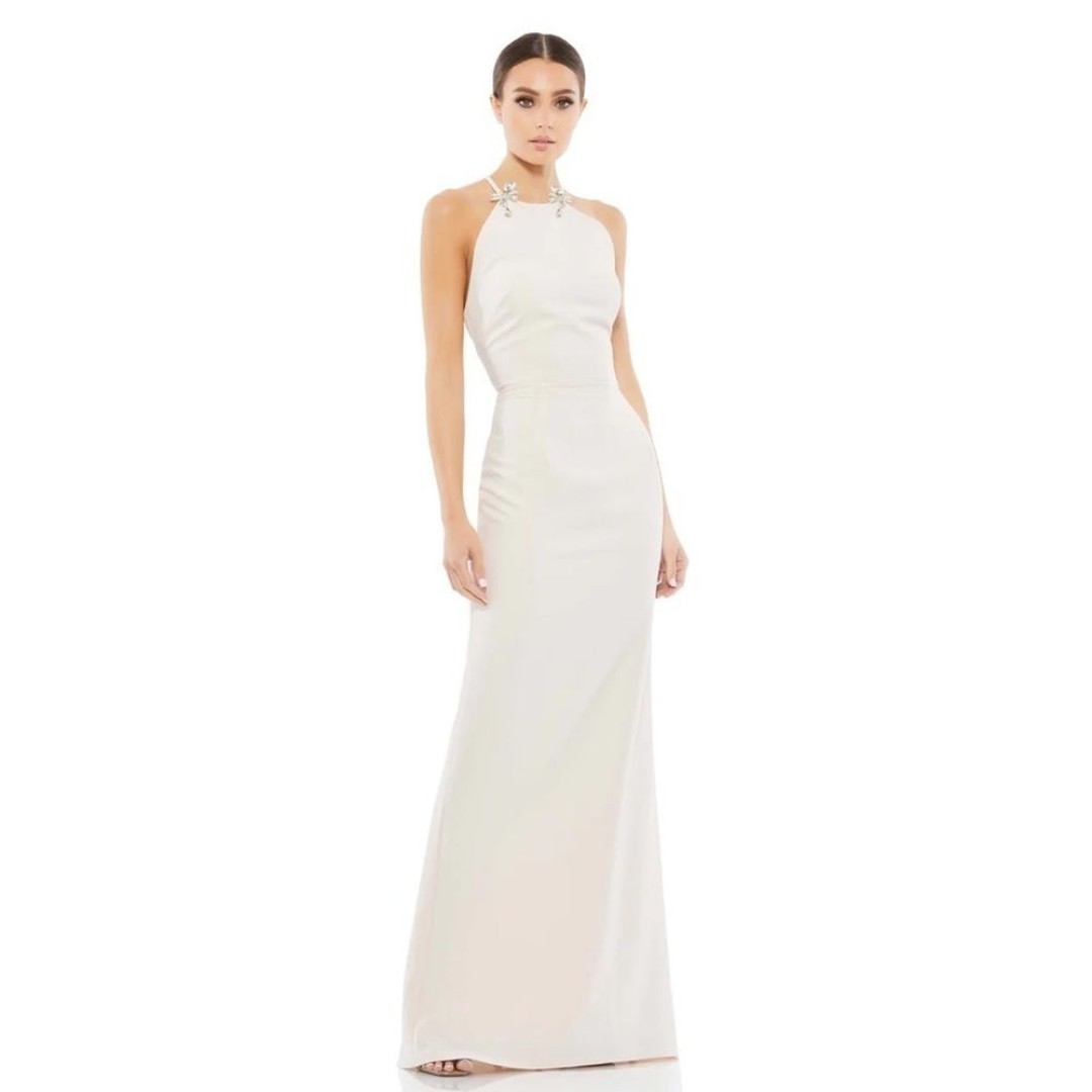 Mac Duggal 26618 Blush Bow Halter Crisscross Column Gown Size 2 NWT