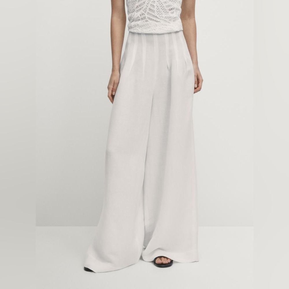 NWT Massimo Dutti Wide Leg Pleated Trousers In White Size 2