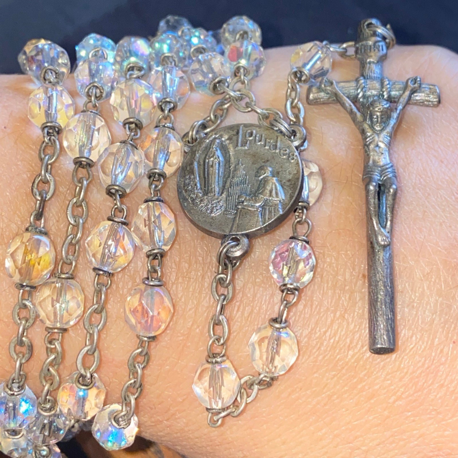 Rosary Beads Cross Crystal Glass Beads Italy LOURDES 22”.5 VINTAGE
