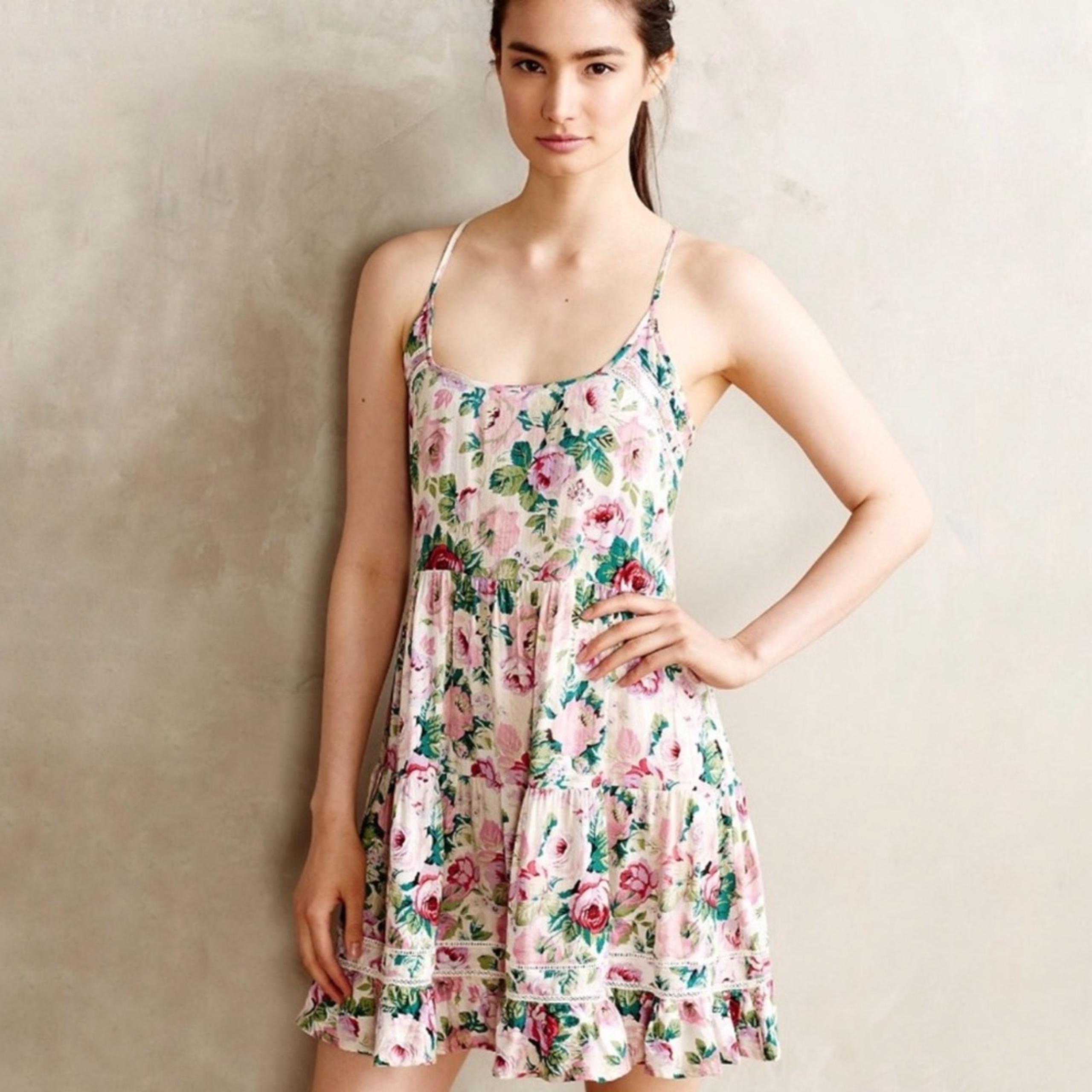 Eloise Anthropologie Womens Floral Mini Chemise Trapeze Dress Size Small