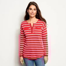 Orvis Women's Cashmere Cotton Blend Striped Knit Henley Sweater