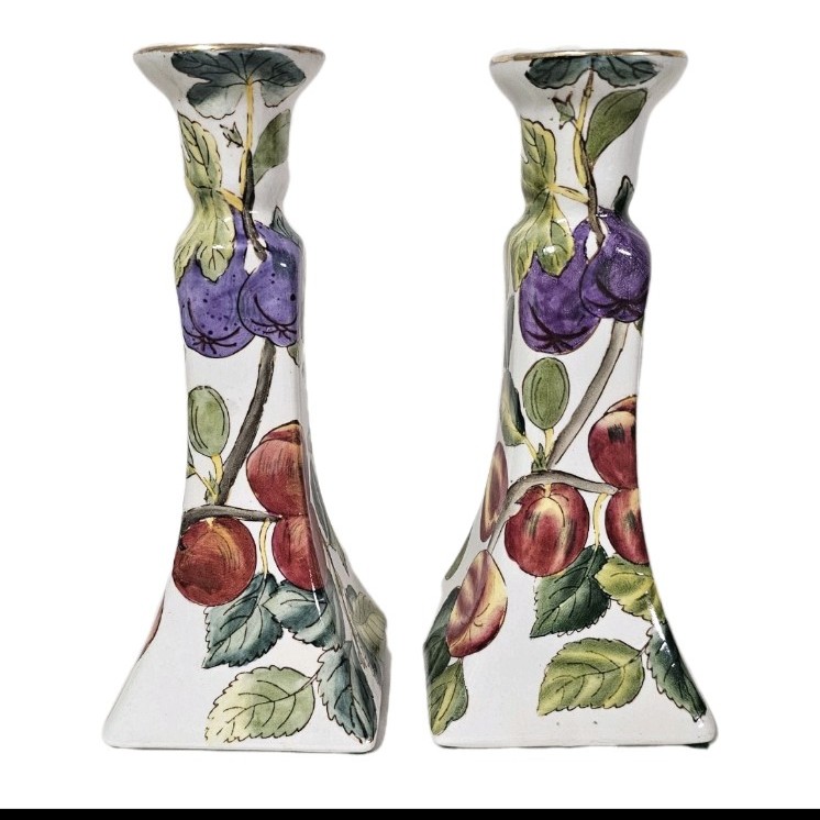 Porcelain Handpainted Fruit Harvest Fall Summer Country Colorful Candle Holders