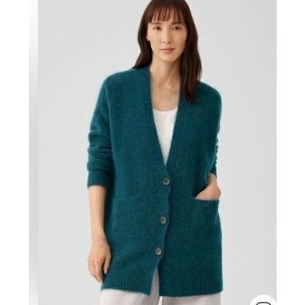 Eileen Fisher Wommen's XXS Organic Cotton Longline Button Front Cardigan Teal