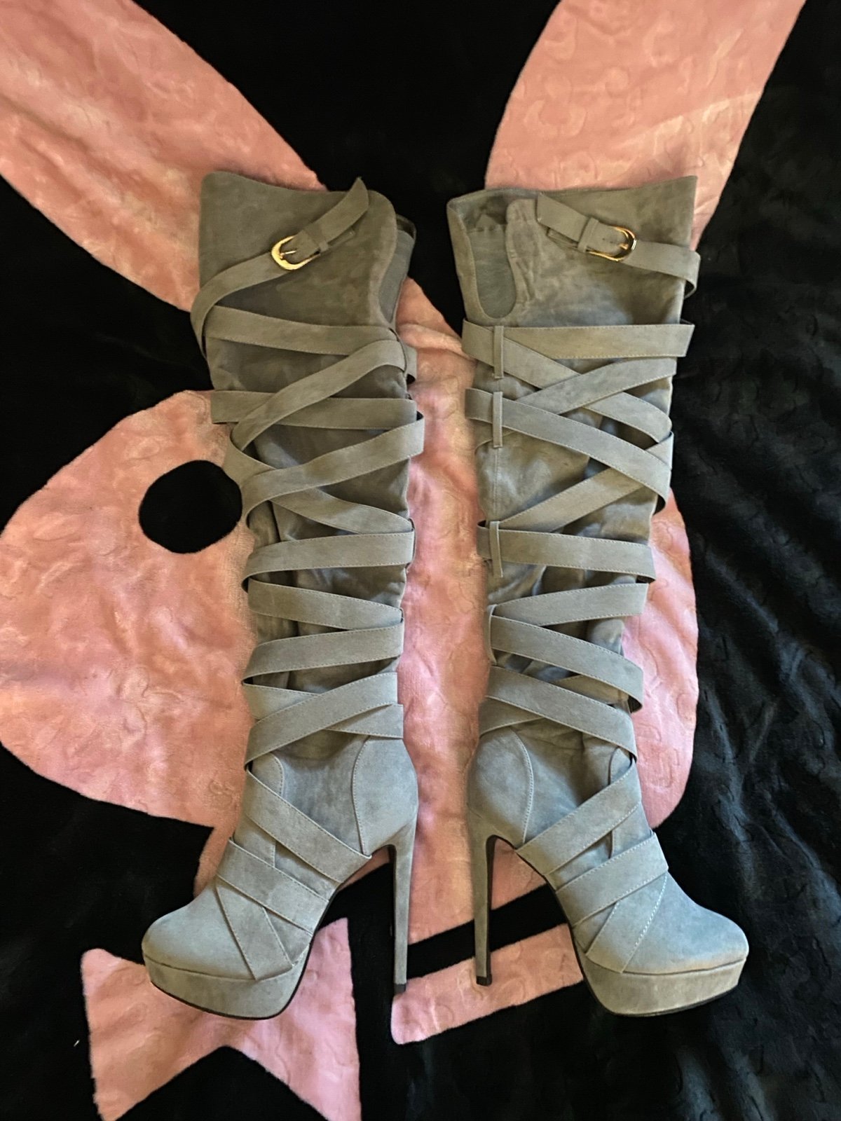 Grey Suede Knee High Platform Boots