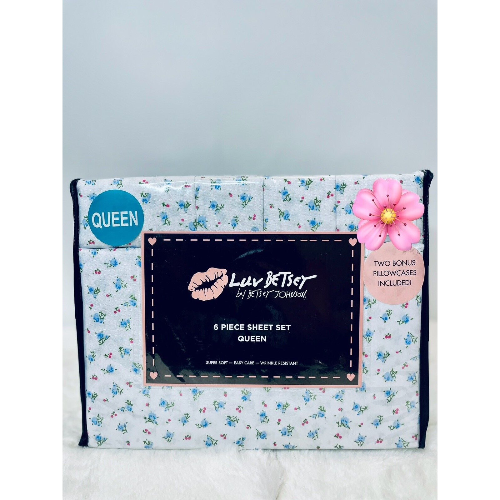 Betsey Johnson Blue Baby Buds Microfiber Floral Coquette QUEEN Sheet Set NEW
