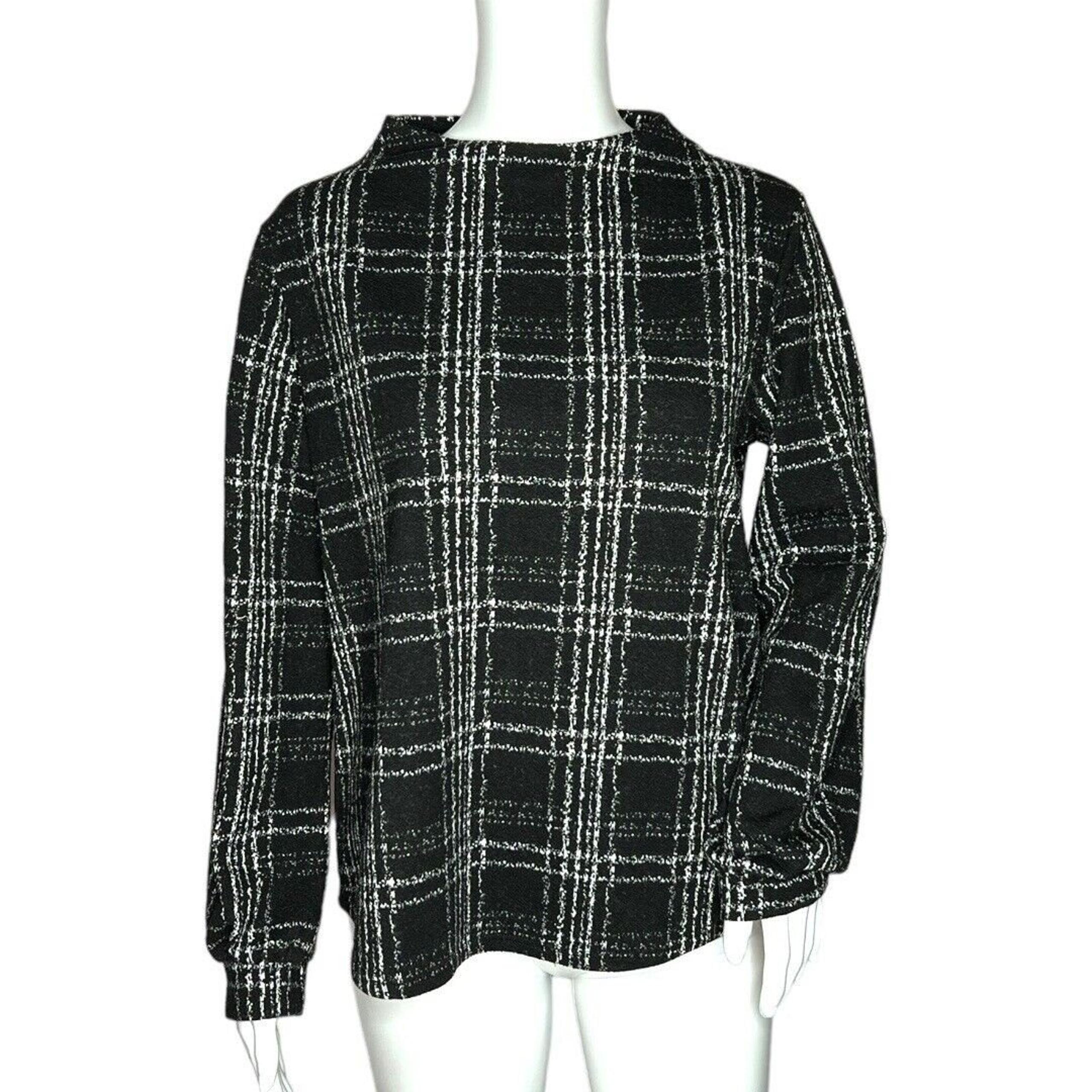 W5 Knit Top Black White Plaid Long Sleeve Wide Mock Neck Exposed Back Zip