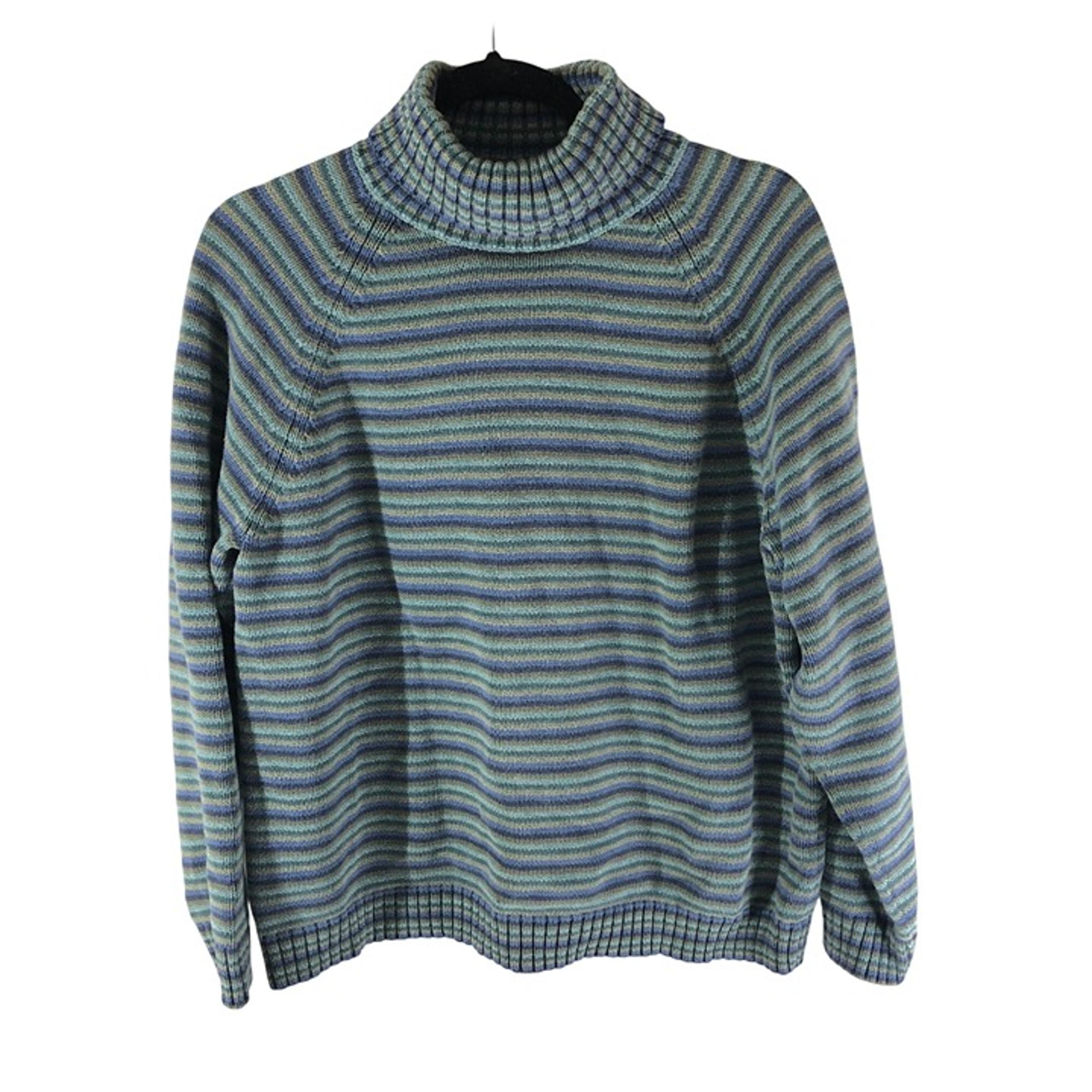 Lands' End Womens Vintage Sweater Mock Neck Cotton Striped Green Blue XL
