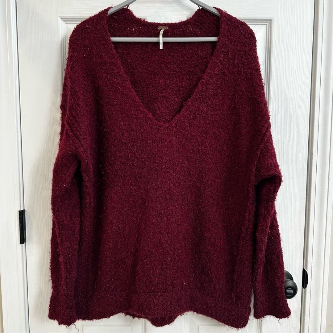 Free People Women XS Sweater Boucle Lofty V-Neck In Wine Alpaca Blend Oversized