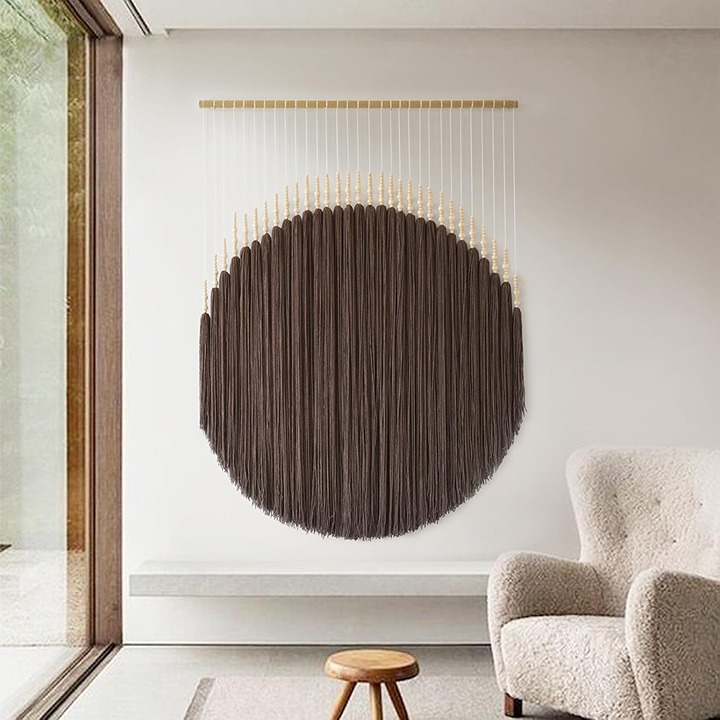 Chandeliering Brown Yarn Beaded Backdrop Boho Wall Decor Round Tassel Home Wall