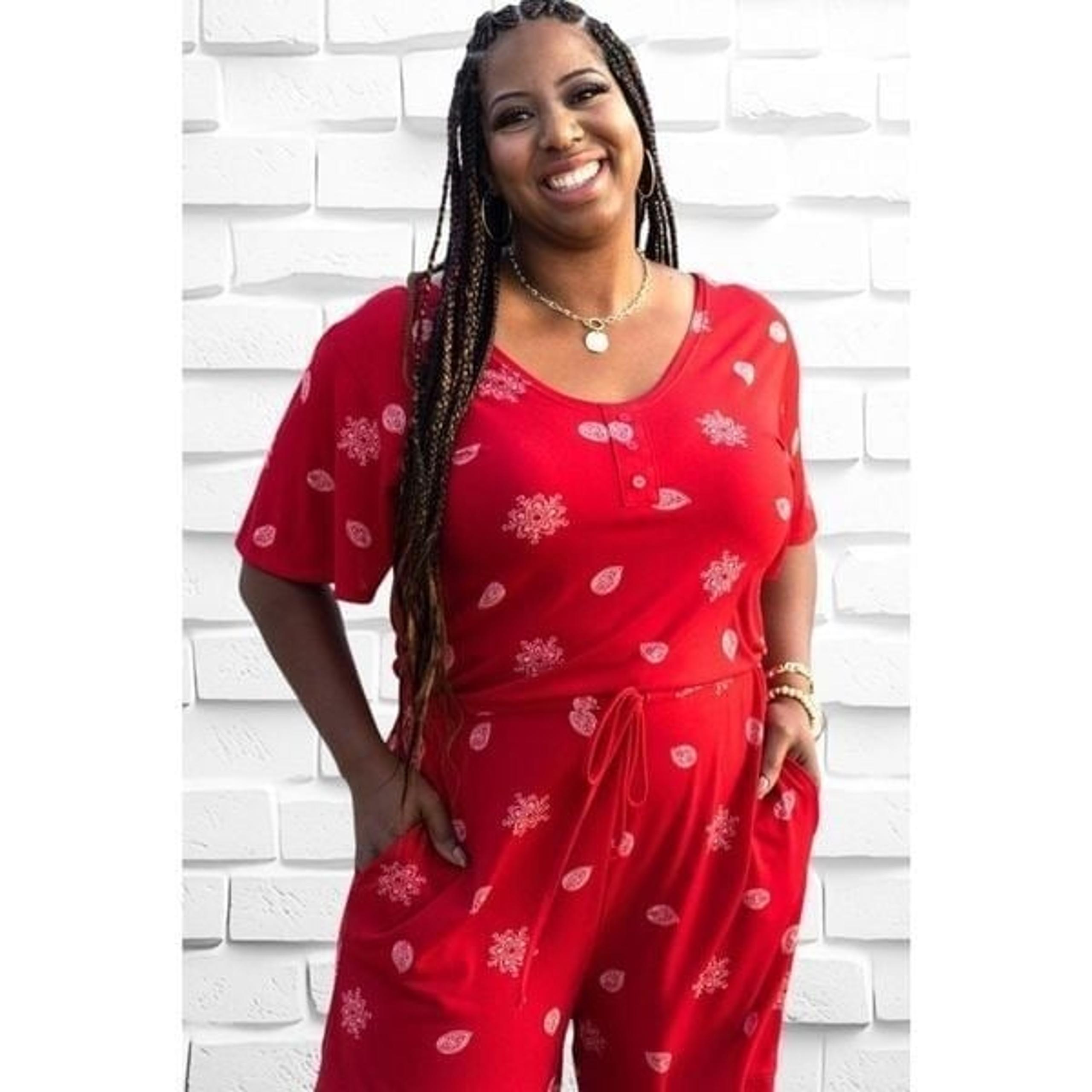 LuLaRoe Large Xanthe Romper • Red • Bell Sleeves & V-Neck • Drawstrings Pockets
