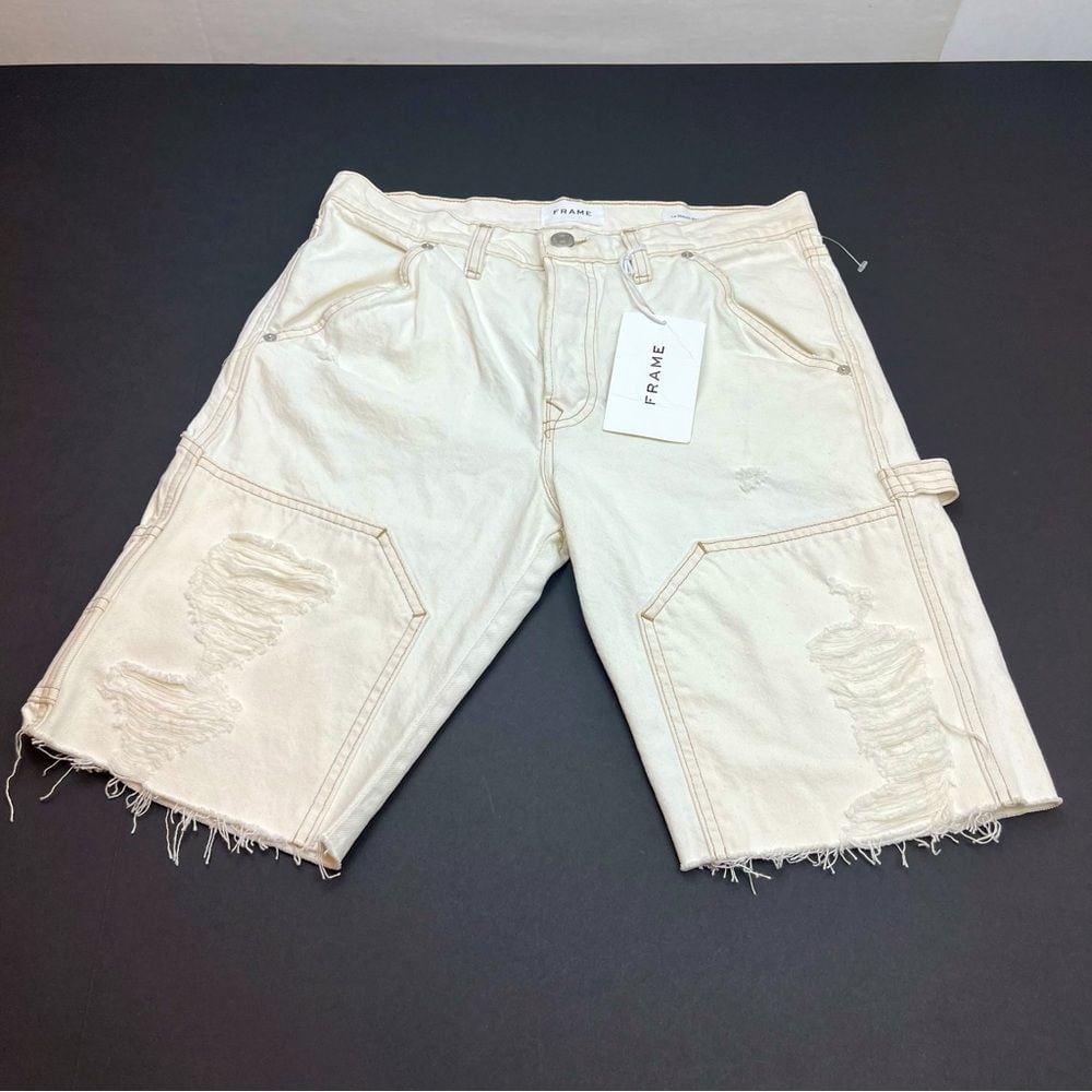Frame Le Slouch Bermuda Off White Rips Distressed Denim Short 26 NEW *TINY FLAW