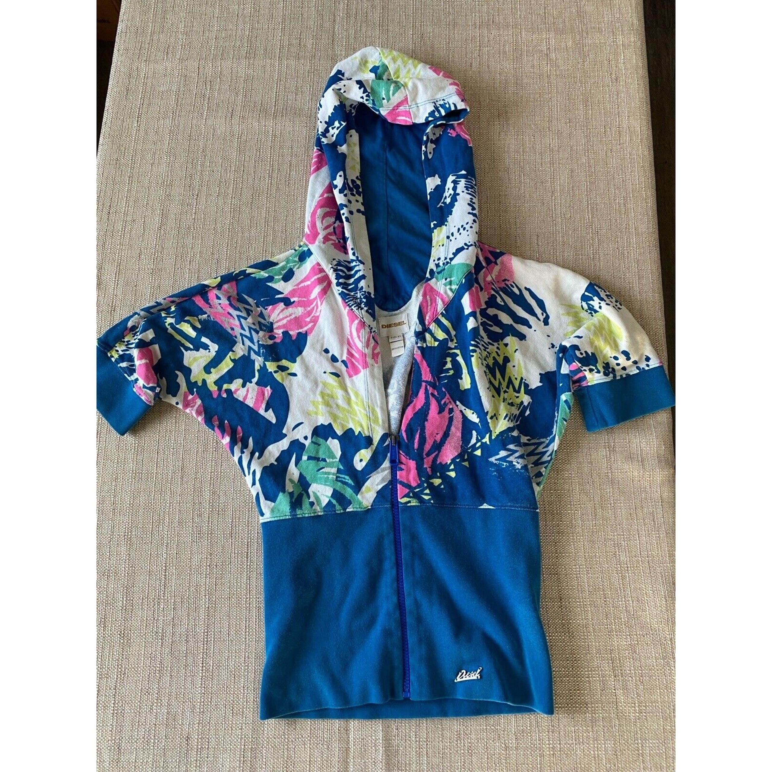 Womens 1/2 Sleeve Zip Cotton Hoodie Sweater Blue Pink White Geometric XS - DIESEL