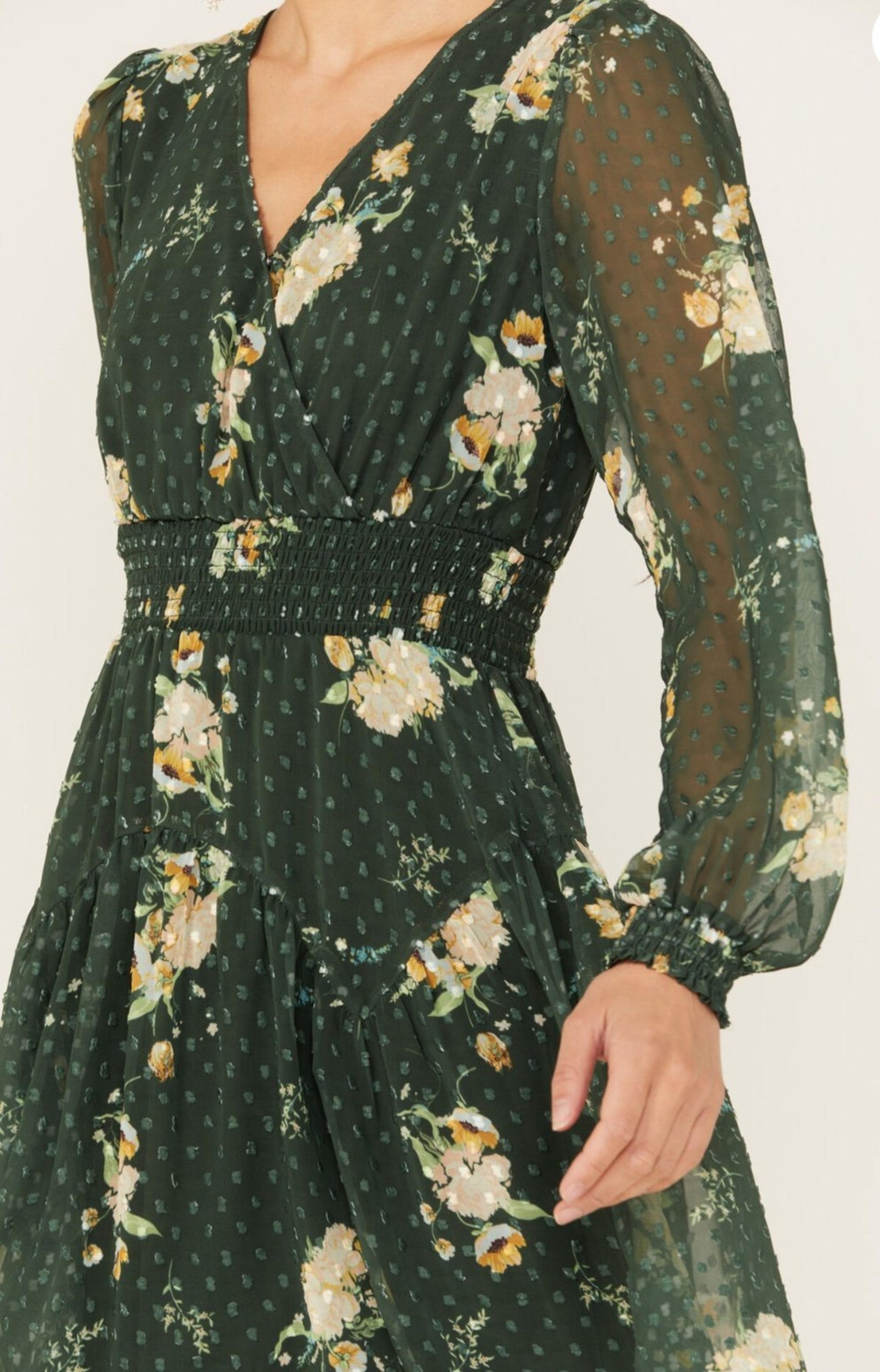 JOLT LONG SLEEVE FLORAL CHIFFON WRAP TIER DRESS