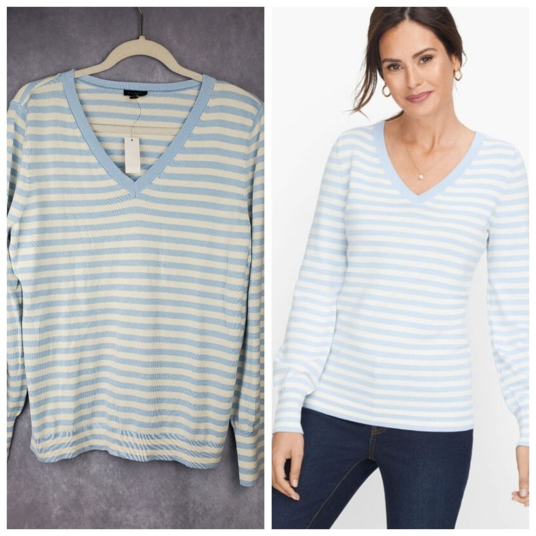 Talbots Blue White Striped V-Neck pullover Cotton Women's Sweater Size L
