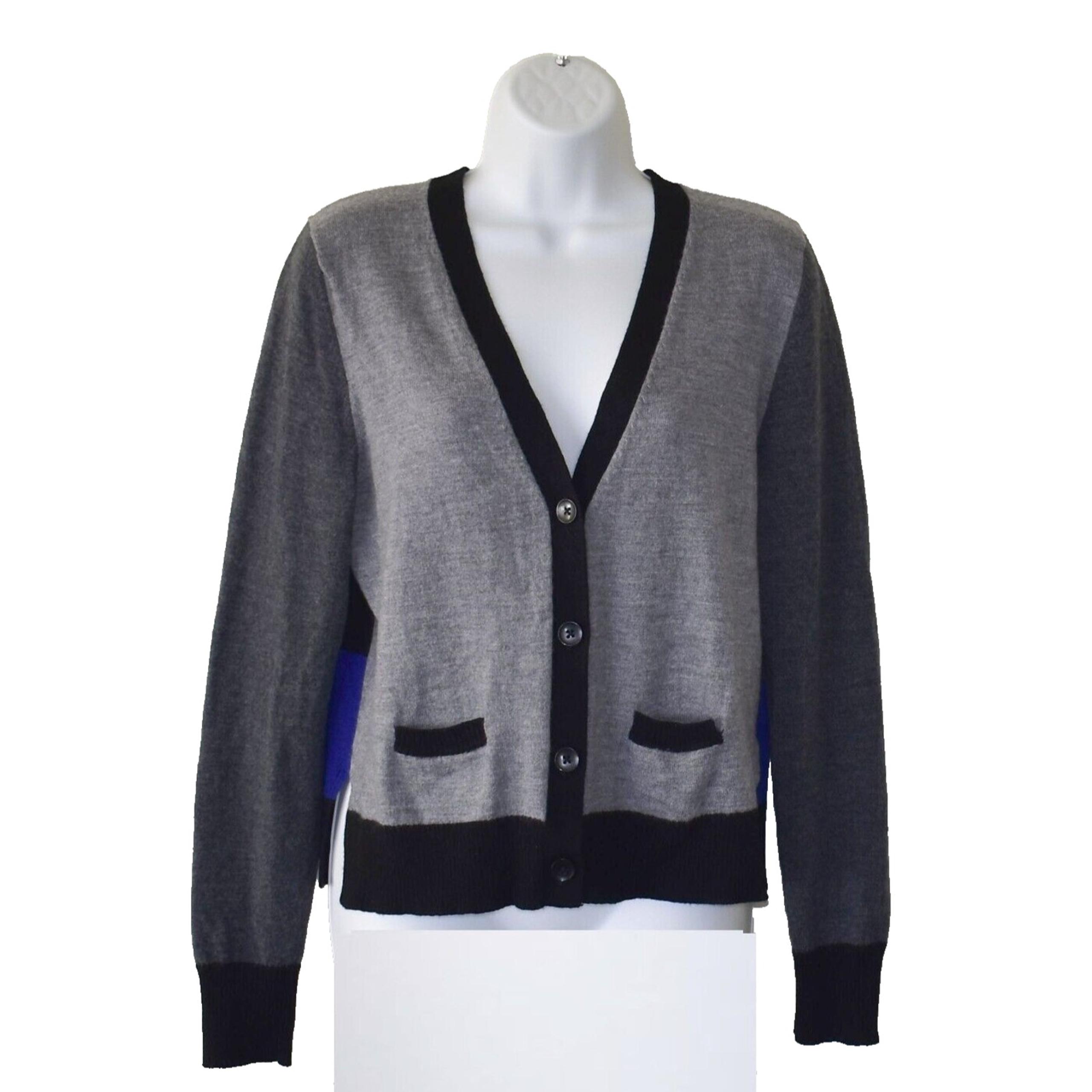 B0 Auth LORD & TAYLOR Grey/Black/Blue Extra Fine Merino Wool Cardigan Sweater L