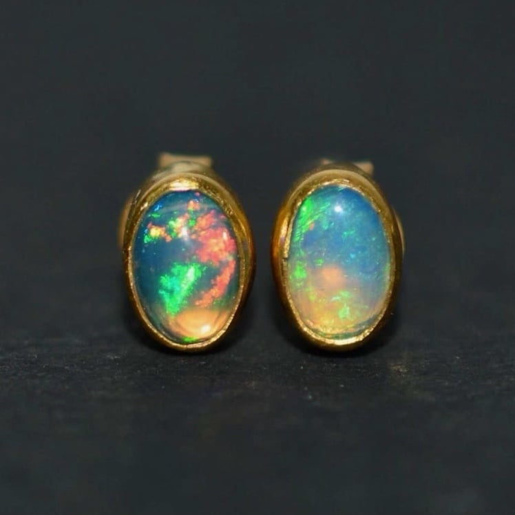 Ethiopian Fire Opal Earrings Gold Overlay Sterling Silver Base Opal Earrings