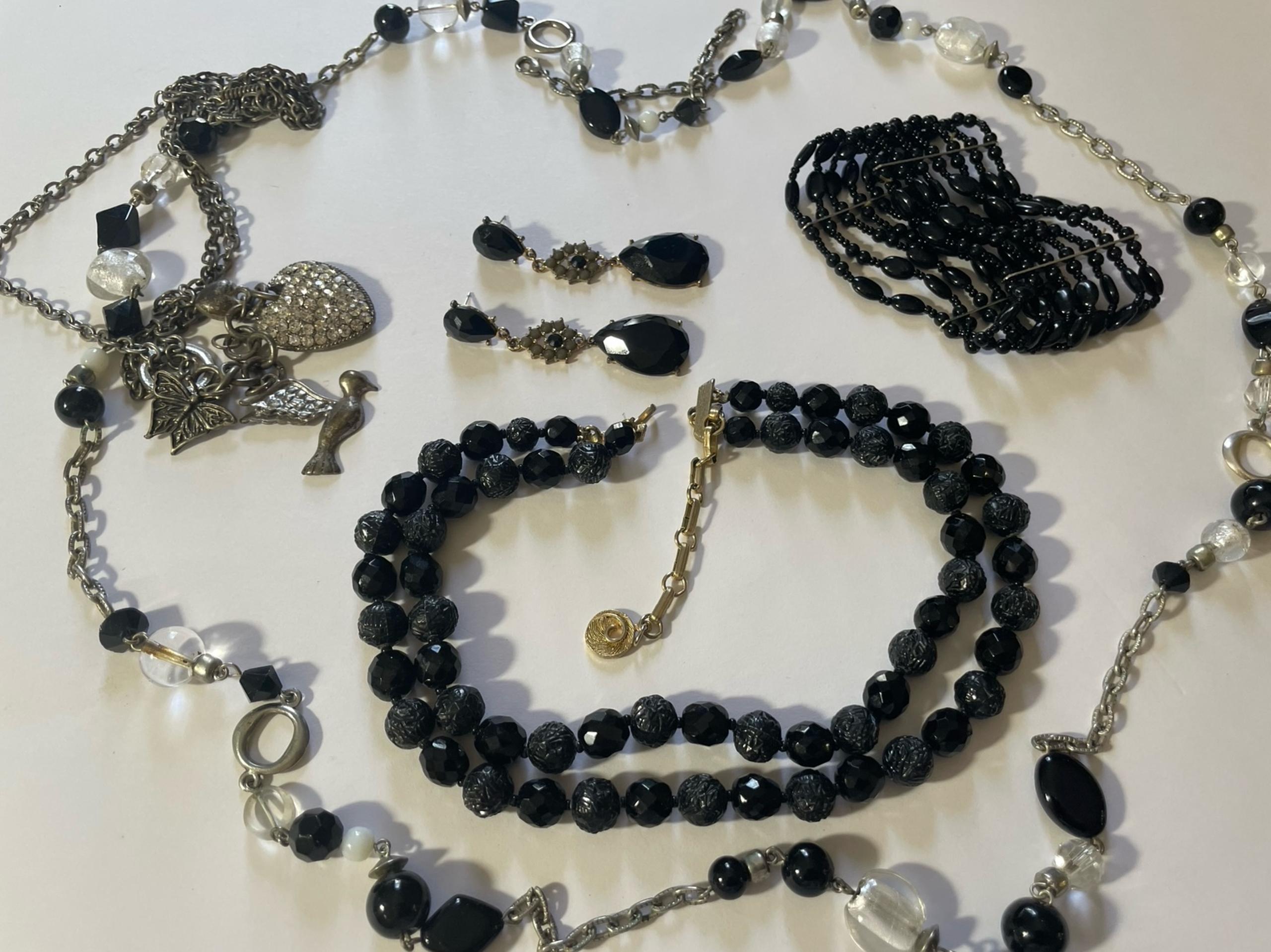Vintage jewelry lot, charm necklace, faux jet earrings & necklace by Lisner