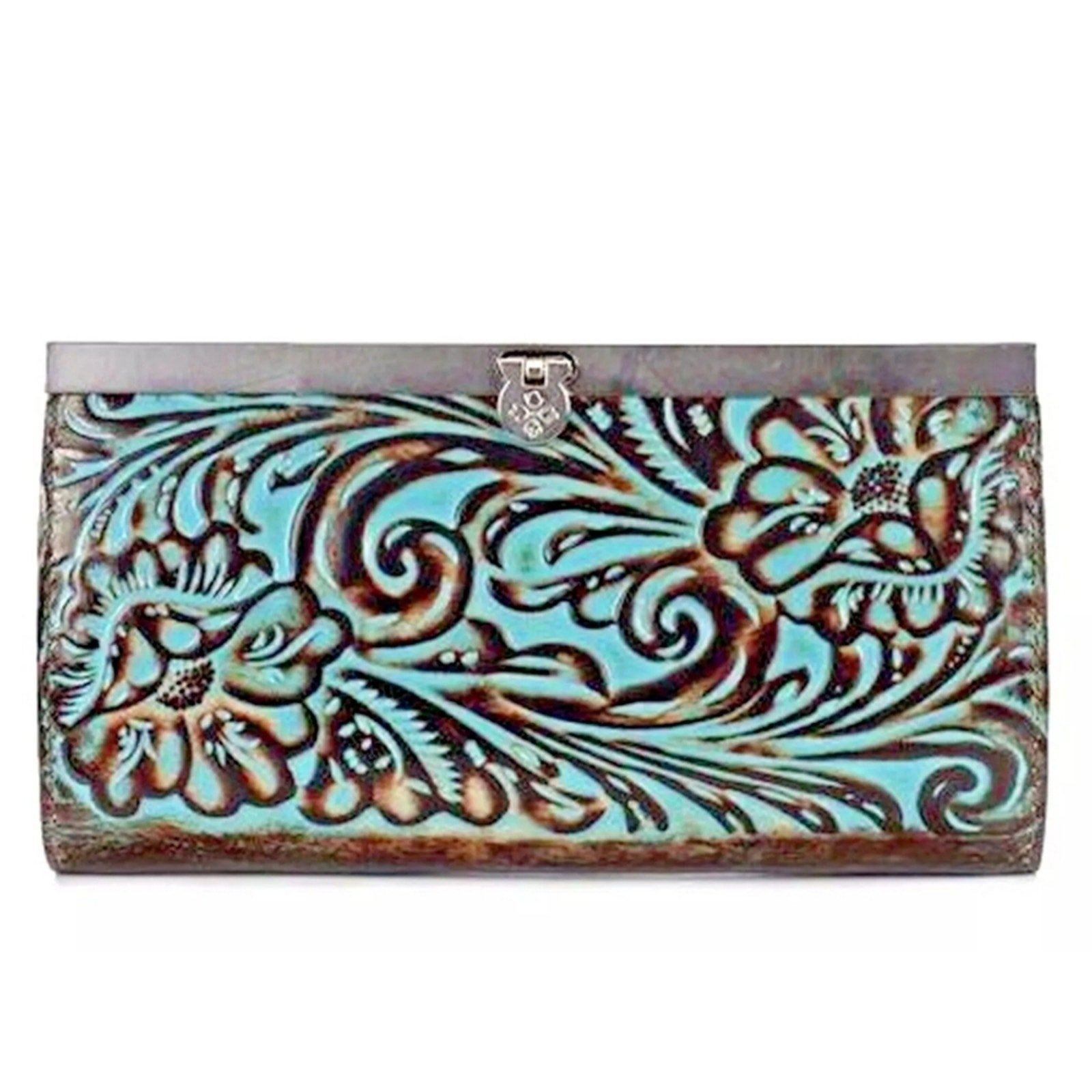 Patricia Nash NWT CAUCHY Wallet Italian Leather Tooled Turquoise Brown NEW