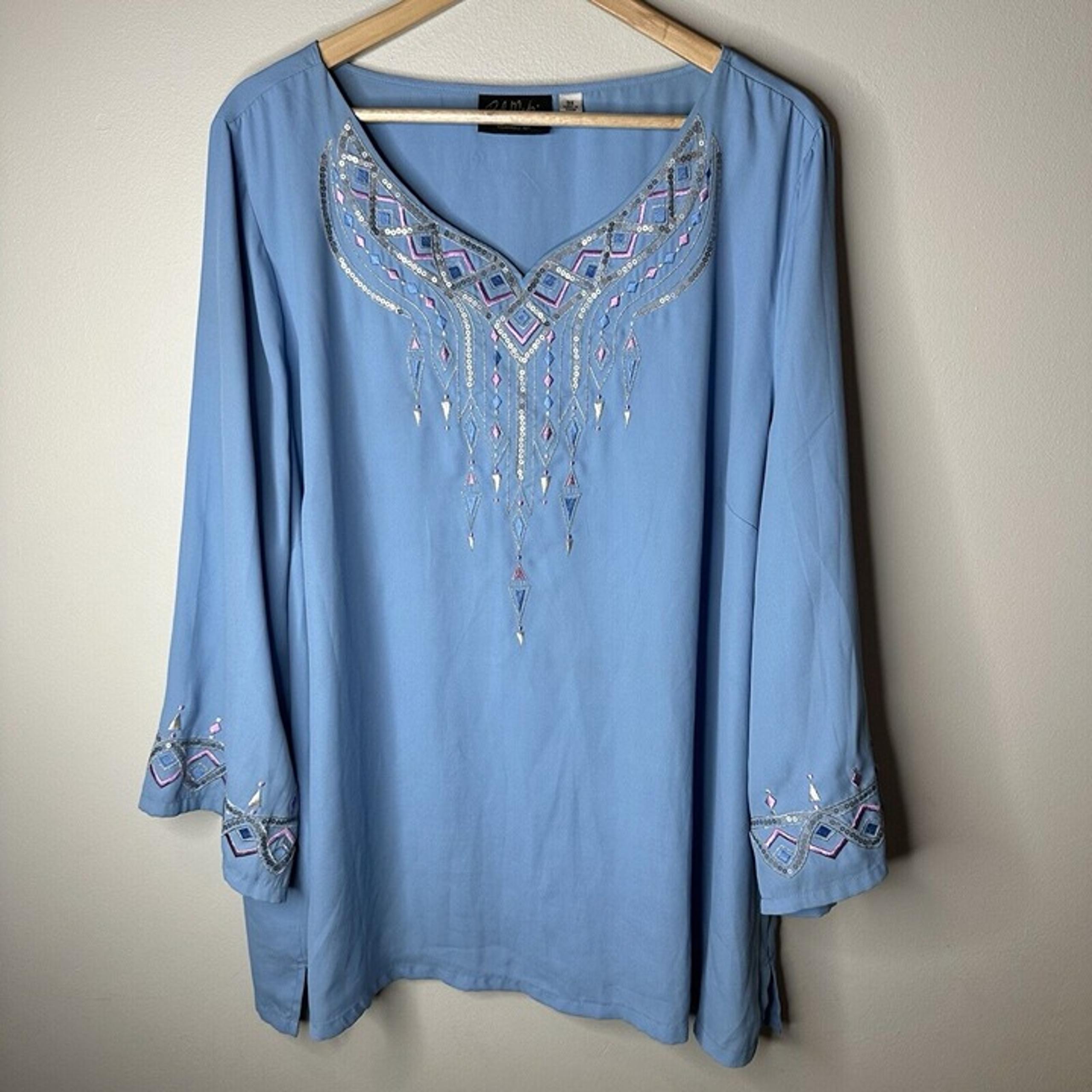 Bob Mackie Wearable Art Tunic Blouse 3X Plus Blue Gold Knit Top Embroidered QVC