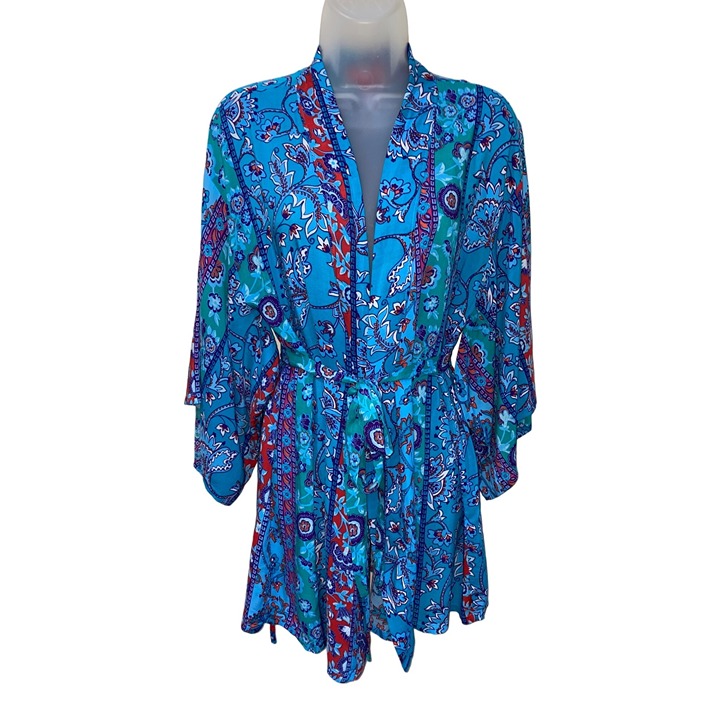Josie Natori Kimono Robe Short Rayon Blue Attached Belt Size Small