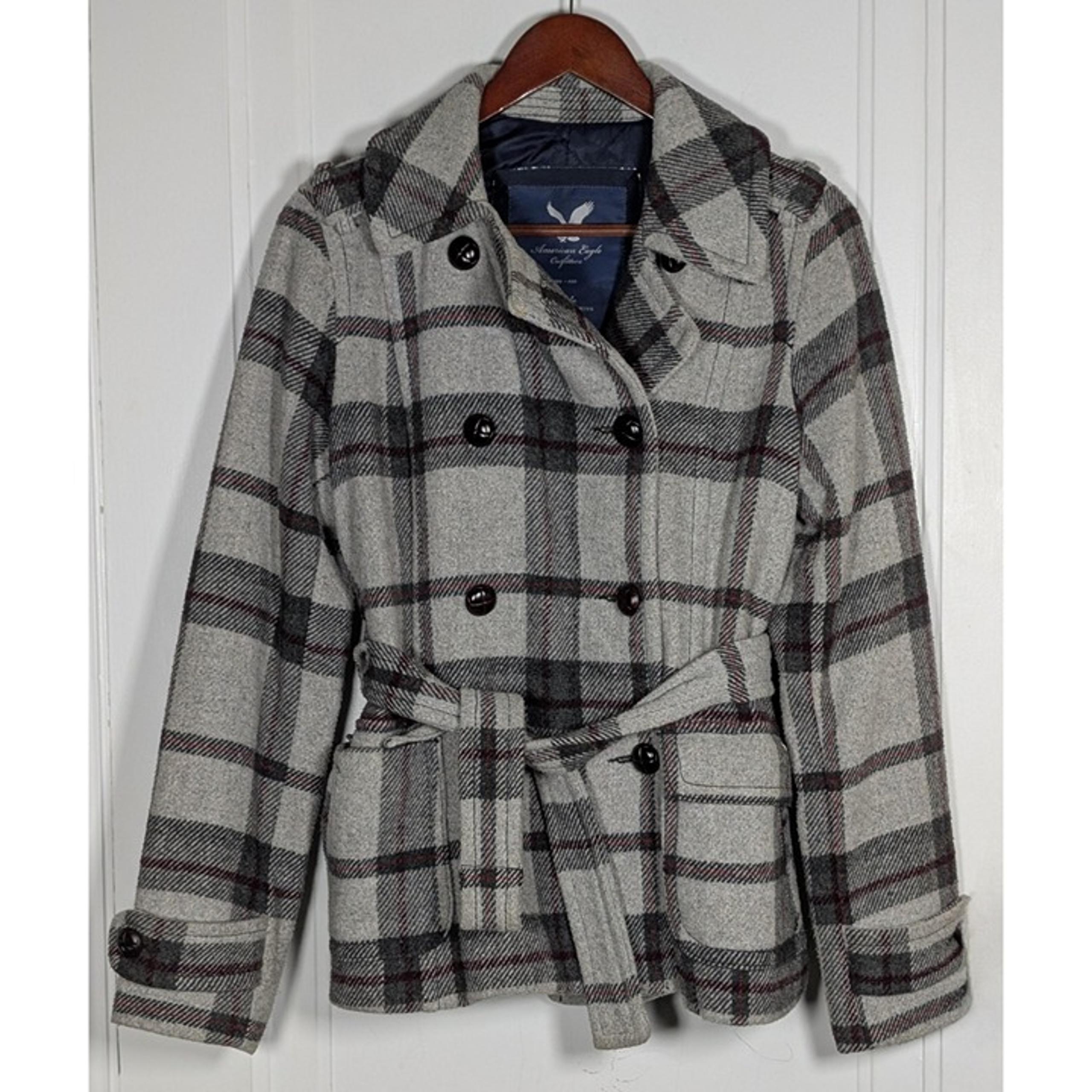 American Eagle Outfitters Gray & Pink Plaid Pea Coat Women's Size Medium Y2K VTG