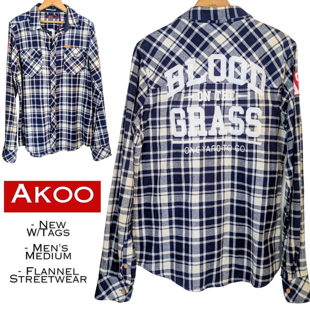 New Akoo Urban Blue Plaid ACFL Flannel Button Shirt Medium BLOOD ON THE GRASS