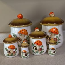 MCM Sears and Roebuck Merry Mushroom Canister Set With S/P Shakers