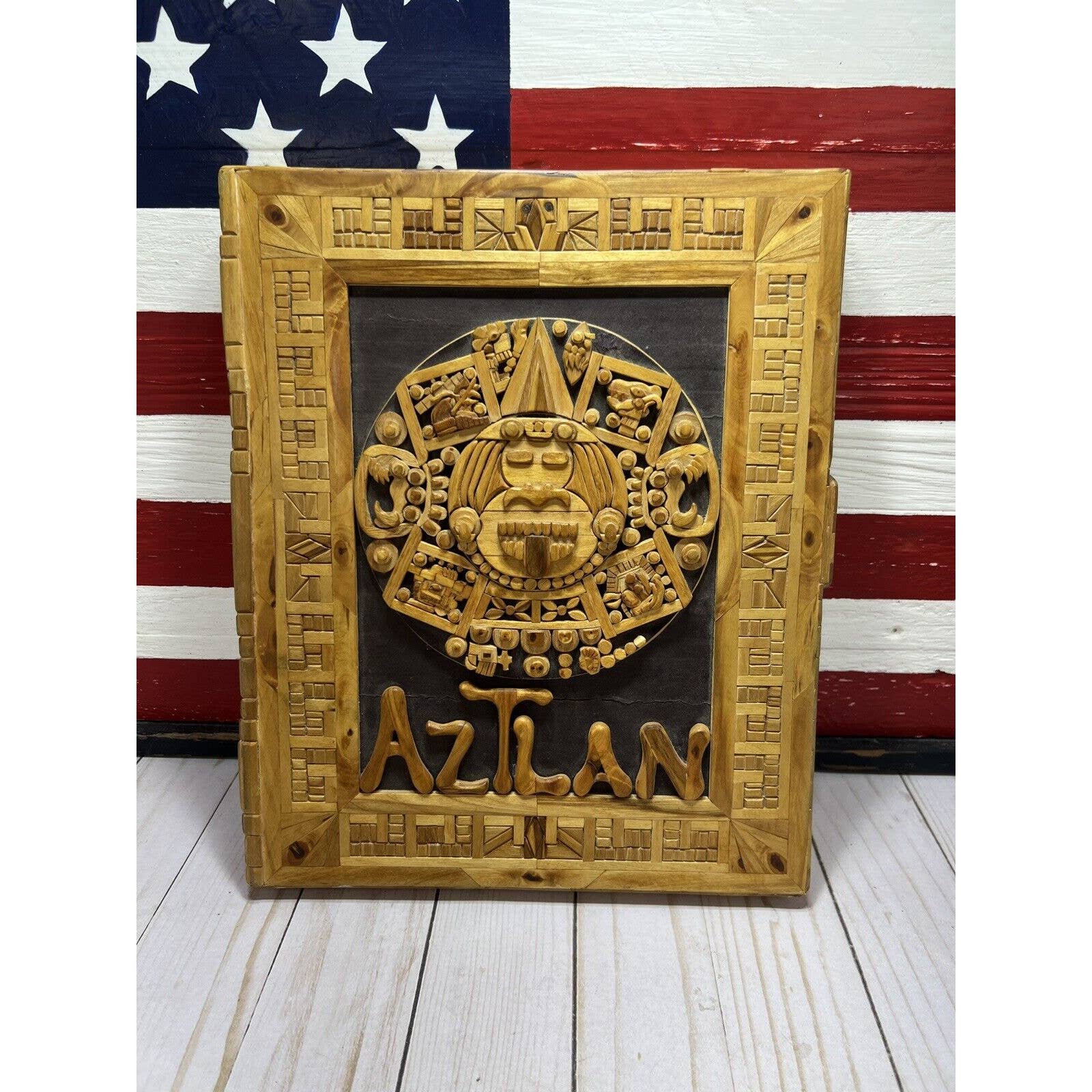 Mexican Wooden Inlay Carved Wall Art Handmade Aztec Aztlan Custom Artwork Frame
