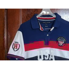 TOMMY HILFIGER RED WHITE BLUE USA S/S POLO SHIRT CUSTOM FIT SIZE L