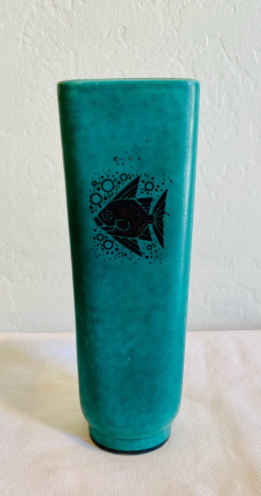 Gustavsberg Argenta Green Vase with Silver Overlay Fish Sweden