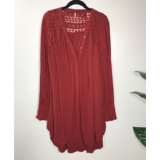 Free People Courtney Victorian Shirt Dress Eyelet Lace Yoke High Low Boho XS