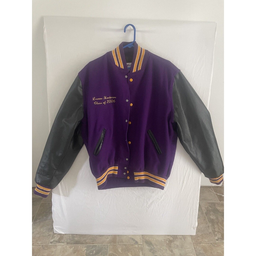 Neff Jacket Mens XL Purple/black Wool Varsity Bomber Leather Snap Button USA