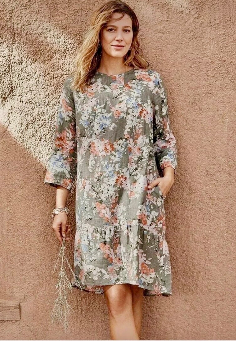 J.Jill Floral 100% Linen Long Sleeve Summer Dress - Size M