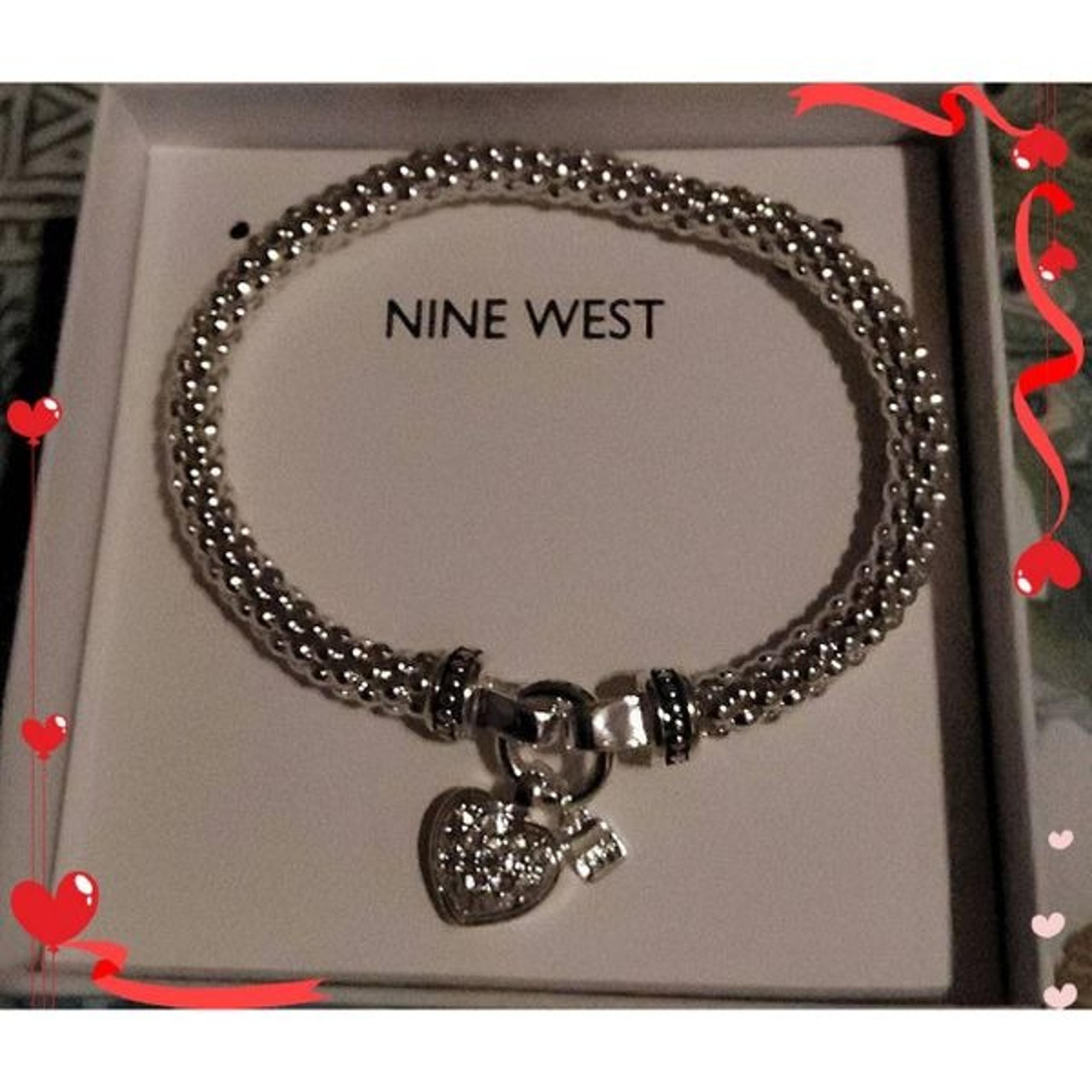 NIB~NINE WEST Silver Popcorn Chain Pave Crystal Heart Charm Bracelet