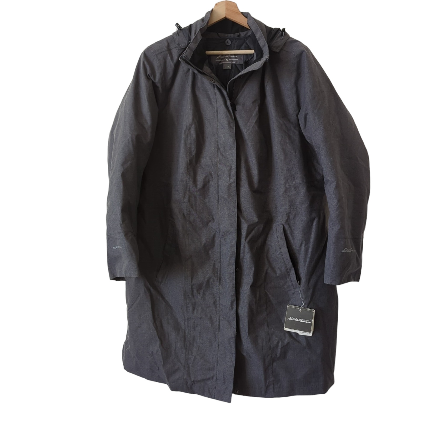 Eddie Bauer Womens Longline Gray Trench Jacket Size 1X Hooded Weatheredge Lined