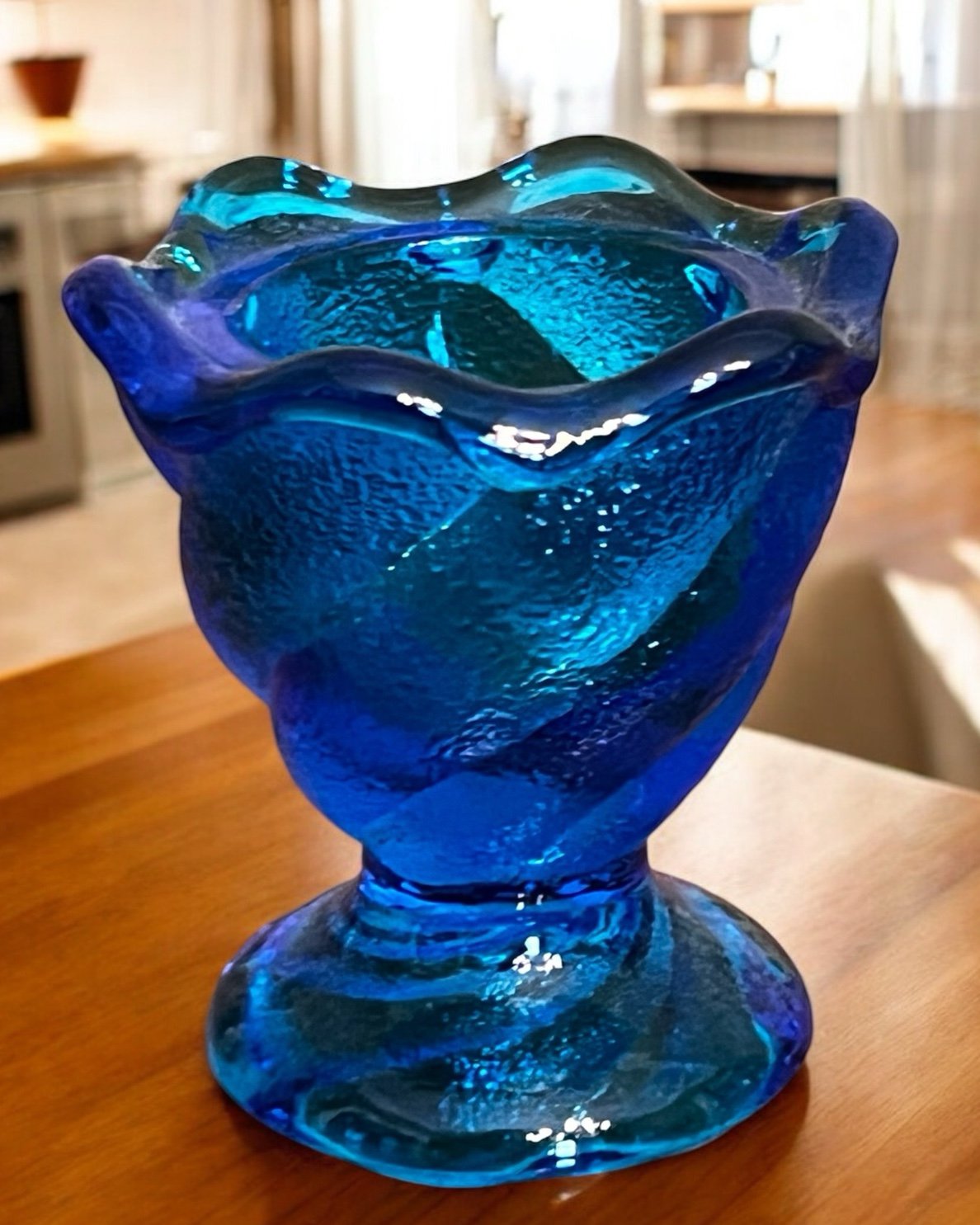 Vintage Fenton UV Reactive Blue Swirl Glass Votive/Match/Toothpick Holder