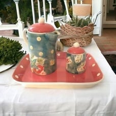 April Cornell Tea Set Ceramic Vintage Sugar Creamer Tray Floral Polka Dots 2002.