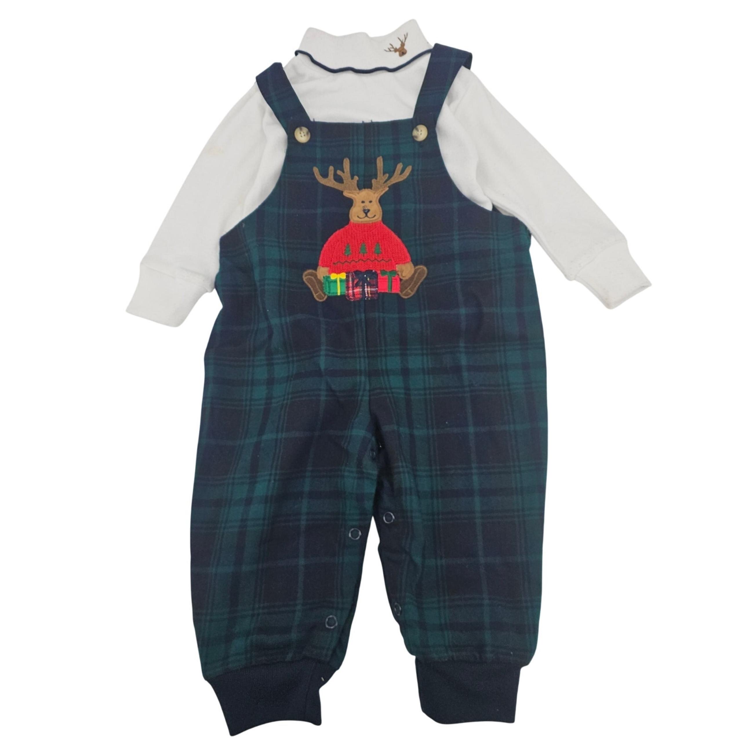 Vintage Christmas Reindeer 2 Piece Plaid Overall Outfit Set Baby Size 18 Mo 3070