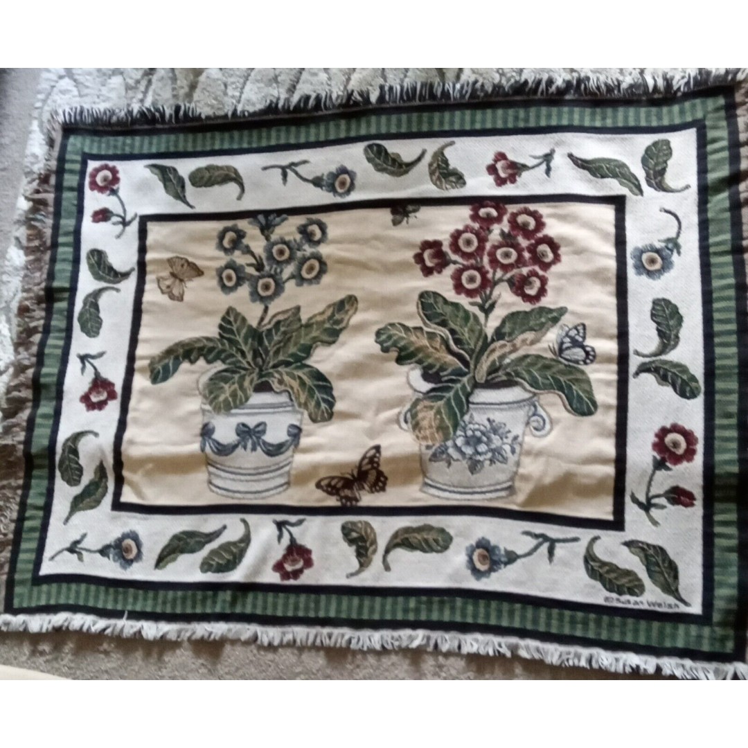 Susan Welsh Sofa Throw 100% Cotton Planted Flowers and Butterflies USA 56x42