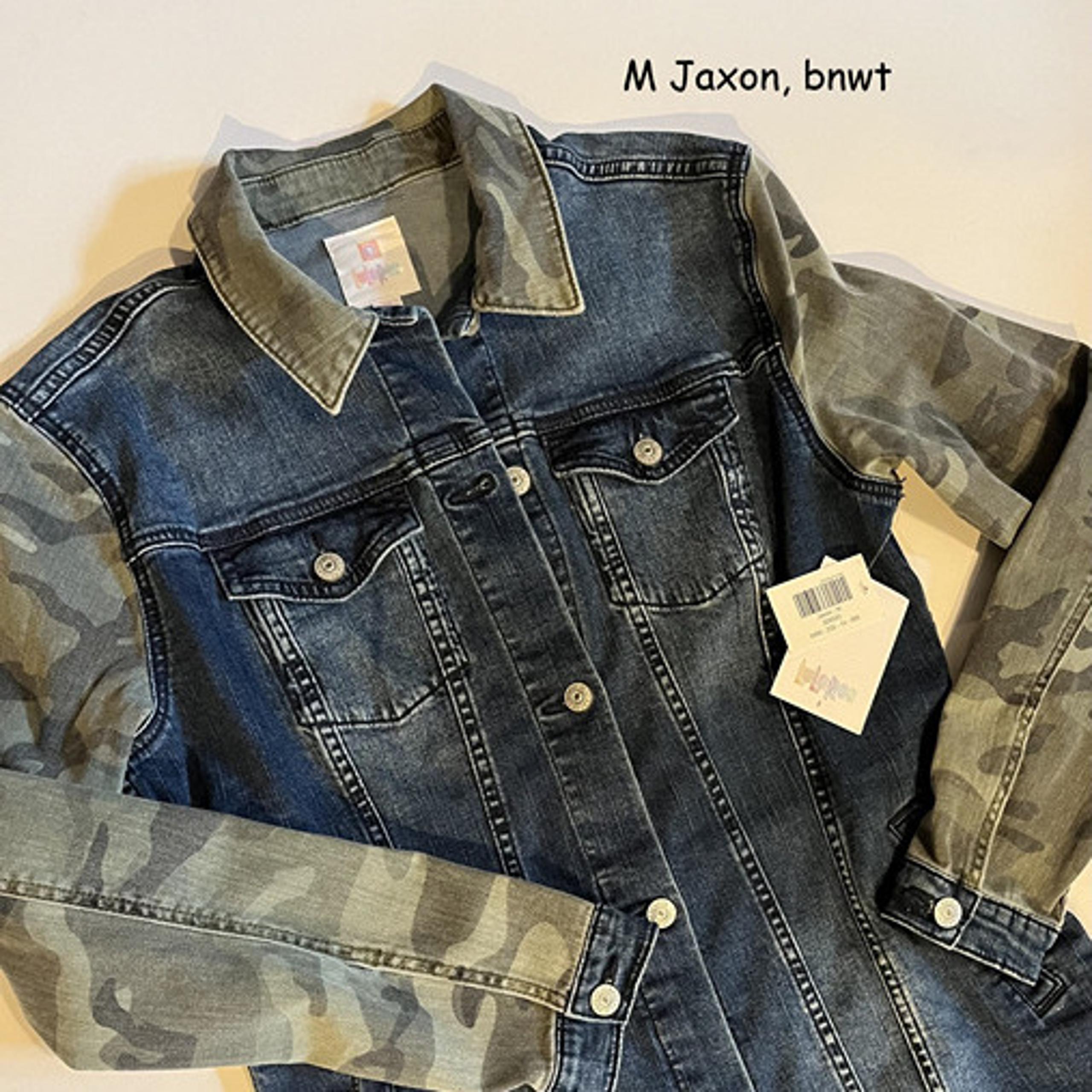Medium Lularoe Jaxon jean jacket, blue with camo green sleeves