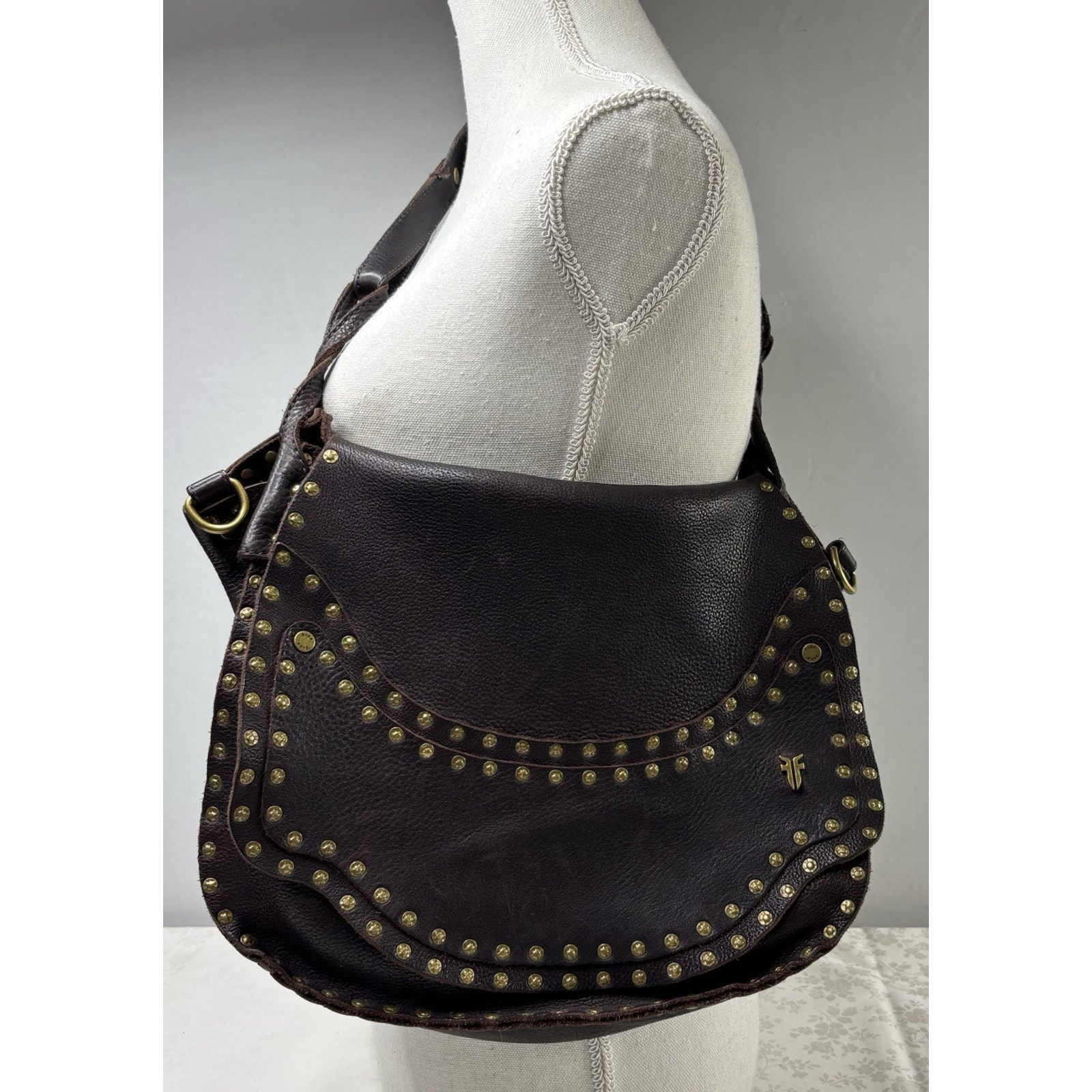 Frye Purse Nikki Studded Brown Pebbled Leather Hobo Shoulder Bag