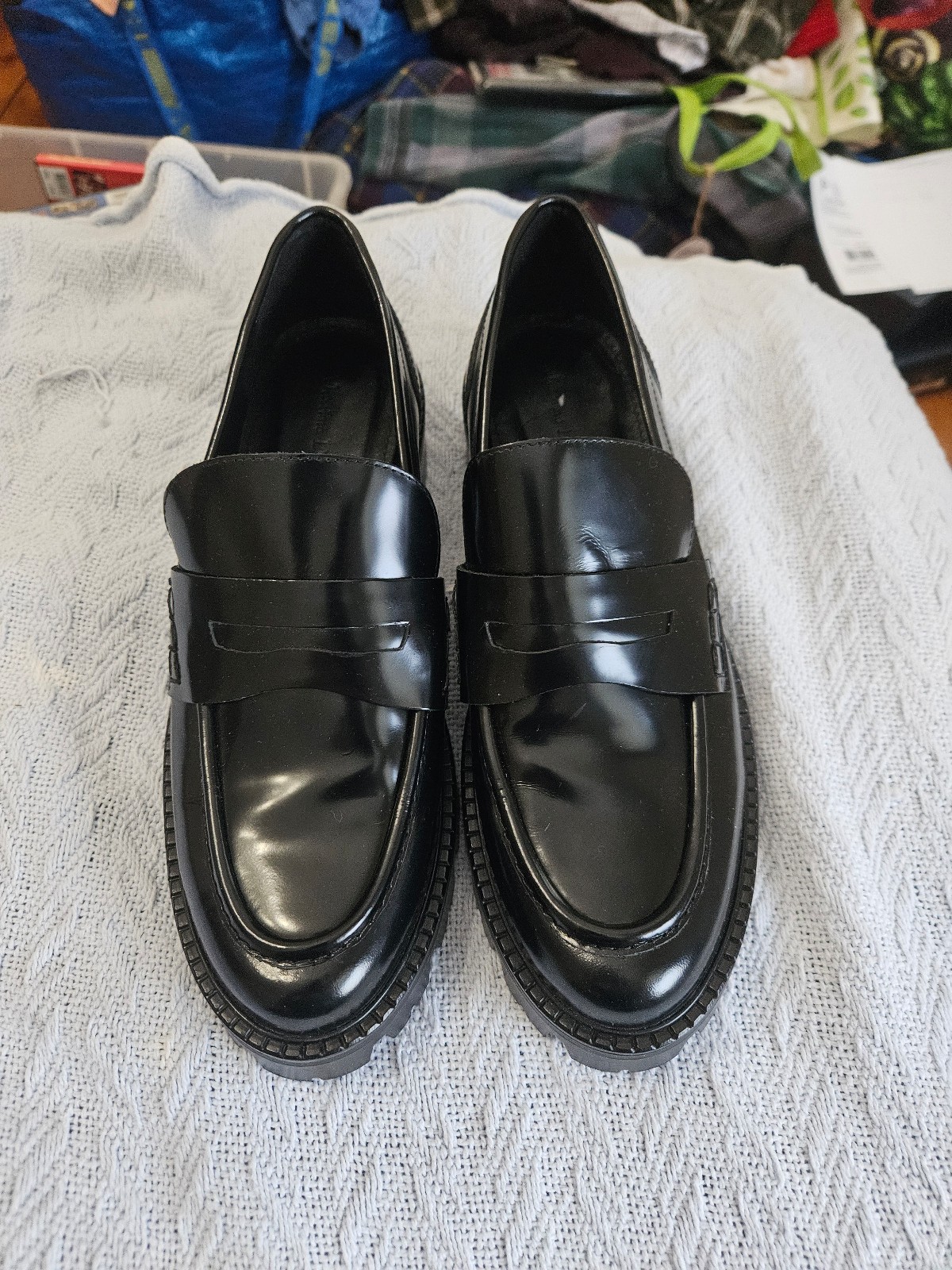 Massimo Dutti Women’s Track Sole Leather Loafers Penny Straps Black Size 11 Us