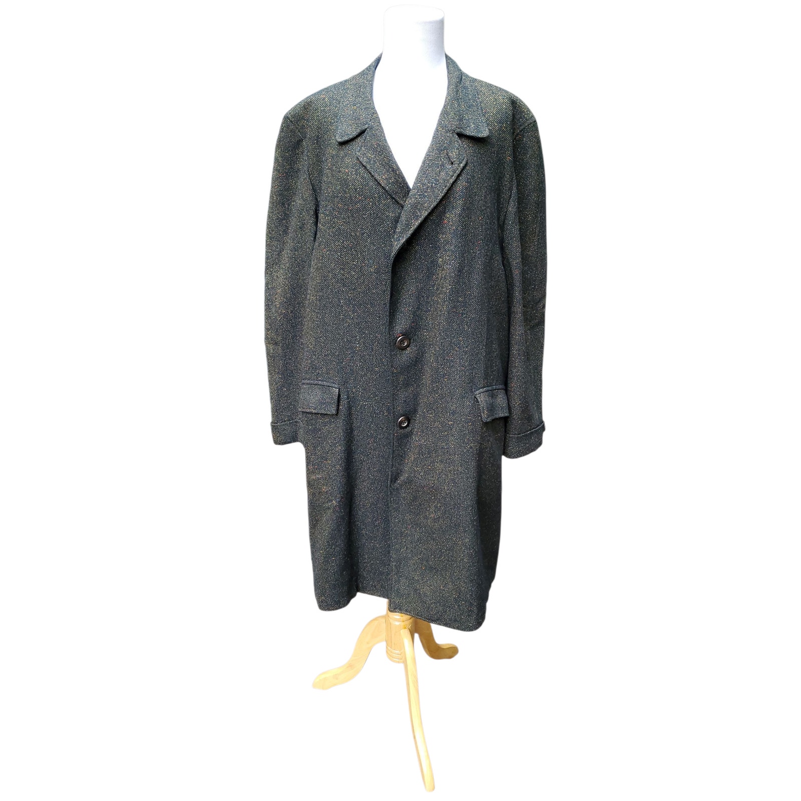 Vintage Leavitt Green Wool Long Trench Coat Overcoat  52" chest x 39.5" length