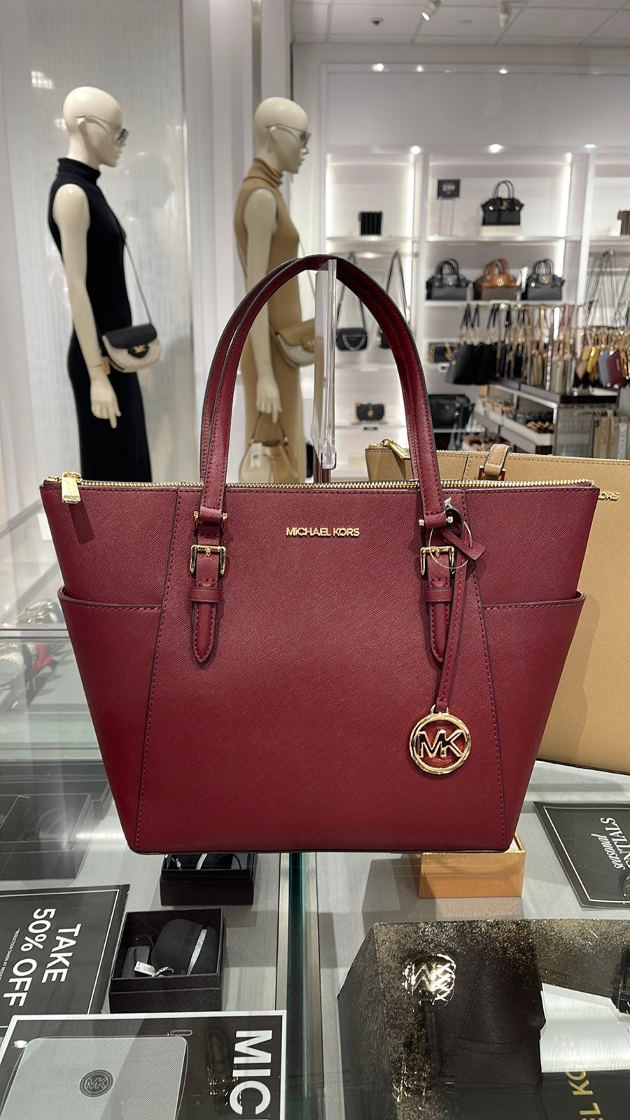 MICHAEL KORS Charlotte Large Leather Top-Zip Tote Dark Cherry NWT